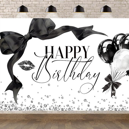 Black Bow Happy Birthday Banner Backdrop 7Wx5H Photography Girls Coquette Birthday Decorations Black White Bowknot Balloons Background Women Bachelorette Party Photo Booth Props Supplies