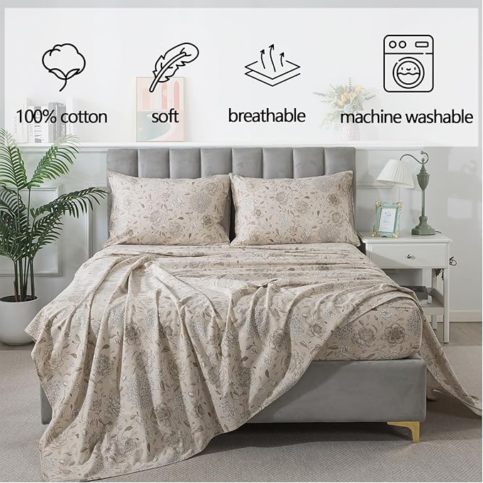 FADFAY Light Khaki Vintage Hydrangea Floral Queen Size Sheets Set 100% Brushed Cotton Shabby Peony Pattern Bedding Set Deep Pocket Sheets with 2 Pillowcases Luxury Daisy Breathable Soft 4pcs, Queen