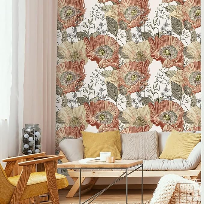 Livebor Floral Wallpaper Peel and Stick Boho Large Floral Peel and Stick Wallpaper Vintage Multicolor Flower Contact Paper 17.7'' x 196.8'' Self Adhesive Wall Paper for Bathroom Wall Covering Decor