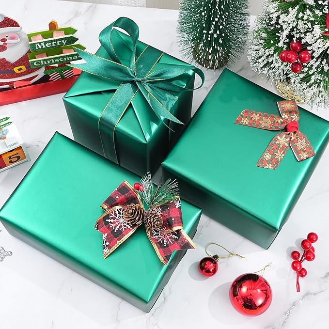 ZINTBIAL Metallic Green Wrapping Paper Roll with Cut Lines - Solid Green Holiday Gift Wrap for Graduation, Christmas, Birthdays, Baby Shower, Wedding - 17.5 in x 33 ft (48 sq. ft), Easy to Cut