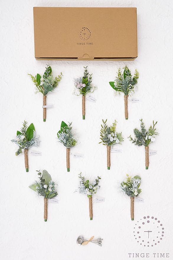 TINGE TIME Boutonniere for Men Wedding,Artificial Greenery Boutineers for Wedding Ceremony Anniversary, Formal Dinner Party and Rustic Spring Wedding Marriage (10, Fresh Green)