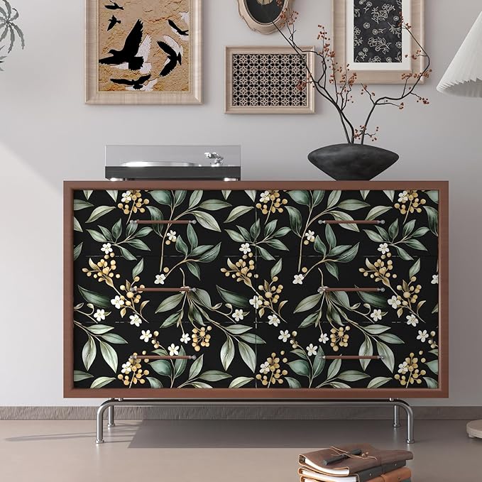 Extra Long Dark Peel and Stick Wallpaper 17.5" x 393" – Vintage Floral Green Leaf Botanical Self-Adhesive Vinyl Contact Paper for Bathroom Bedroom Kitchen Cabinet Drawer Walls PVC DIY Decor