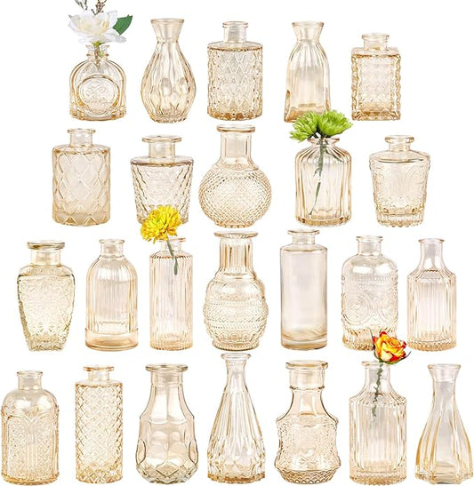 Glass Bud Vase Set of 24, Small Amber Flower Vases for Centerpieces in Bulk, Mini Vintage Vase for Wedding Decor, and Home Table Décor