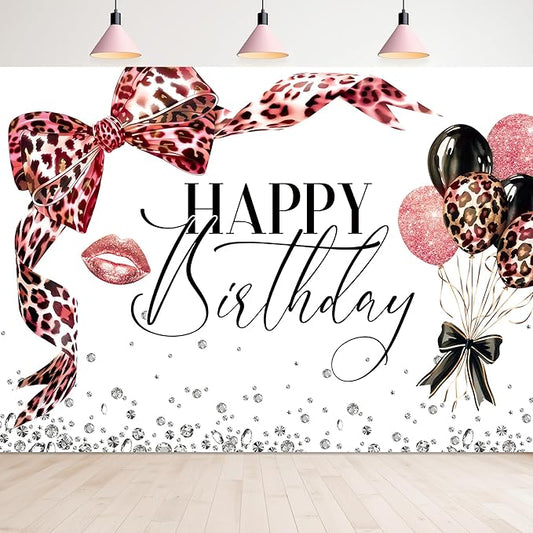 Pink Leoprad Bow Backdrop 7Wx5H Photography Happy Birthday Girls Lips Dimonds Black Brown Bowknot Balloons Background Fashion Elegant Bday Party Decorations Banner Photo Booth Props Supplies