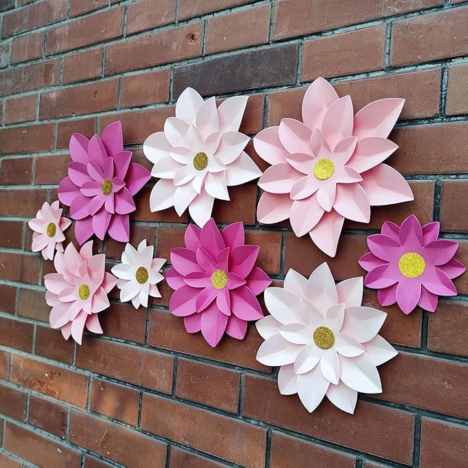 Pink Paper Flower Wall Decor DIY Paper Floral Backdrop Nursery Decor Pack of 9 (10"-6")