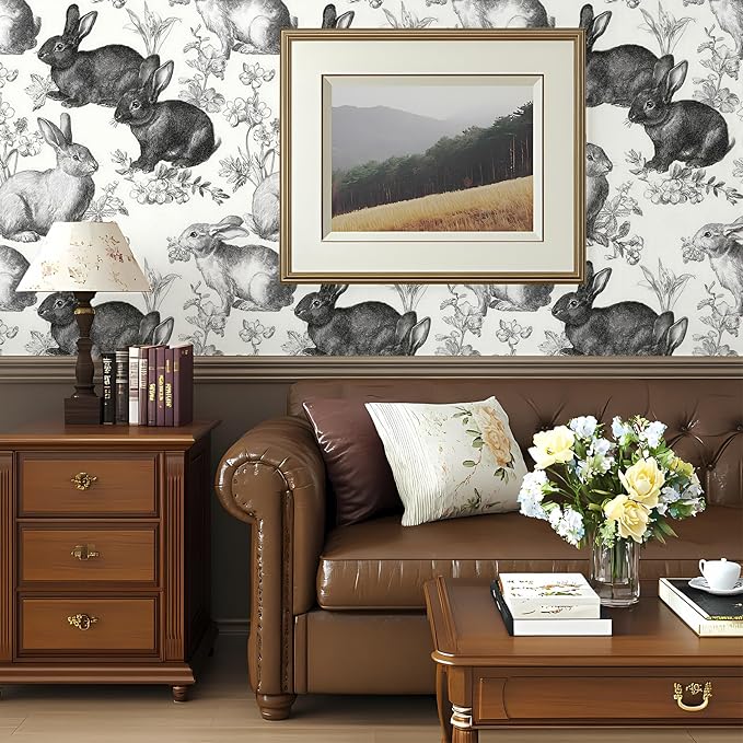 Floral Peel and Stick Vintage Animal Contact Paper Rabbit Removable Botanical Leaf Sketch Wallpaper 17.7" x 118.11" Wall Paper Self Adhesive for Classroom Bedroom Laundry Room Bathroom