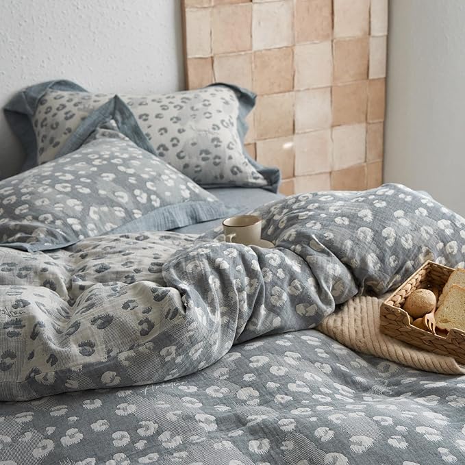 Grey Leopard Duvet Cover Set Twin XL Leopard Print Jacquard Duvet Cover with 2 Pillowcases Yarn-Dyed Linen Cotton Vintage Floral Bedding Set Wild Animal Cheetah Print Comforter Cover for Boy Girl Teen