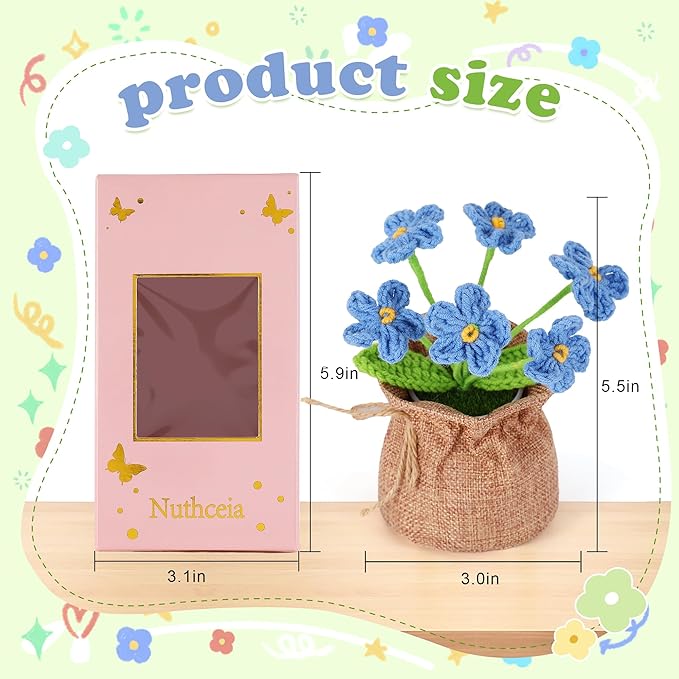 Crochet Flower Plant, Empathetic Flower Gift for Women & Men, Perfect for Birthday, Christmas, Mother's Day, Desk Decor, Birthday Decorations, Kids Party Decoration. Blue Myosotis.