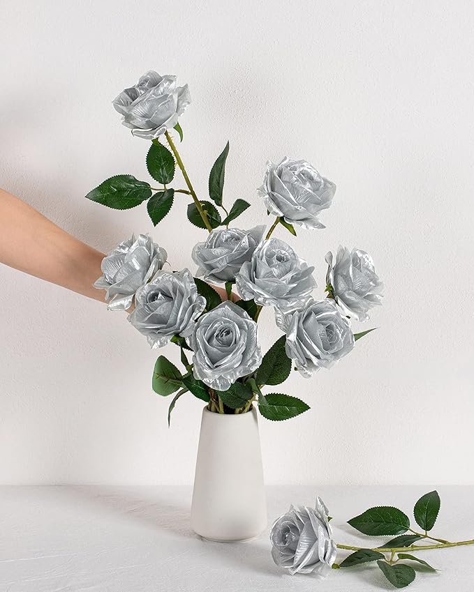 DuHouse 10pcs Silk Roses Artificial Flowers Fake Rose for Arrangement Wedding Party Home Decoration (Silver)