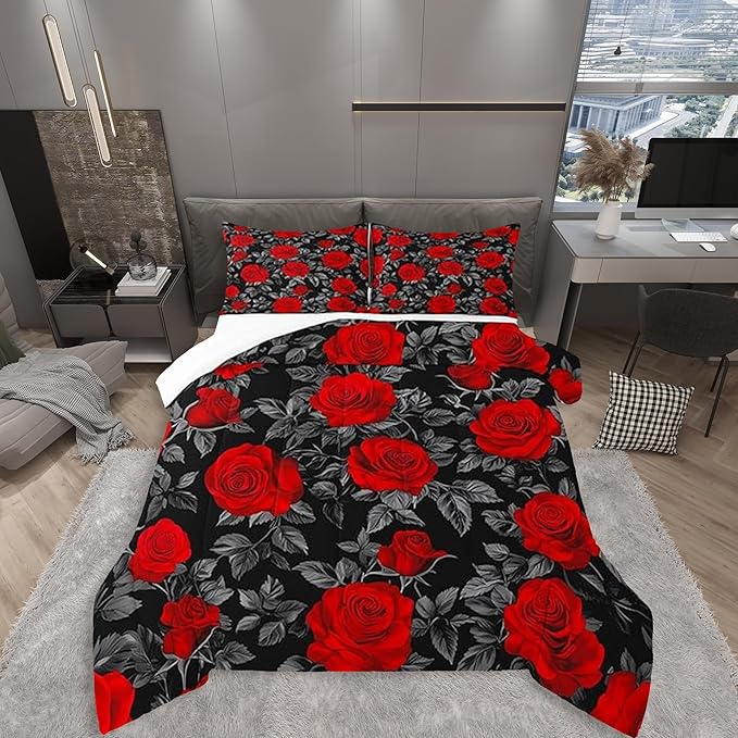 Castle Fairy Kids Red Flowers Comforter Set Queen Size,Rose and Grey Leaves Print Bedding Gift for Children Adult Xmas Present,Gothic Floral Plant Theme Polyester Quilt Set with 2 Pillowcases