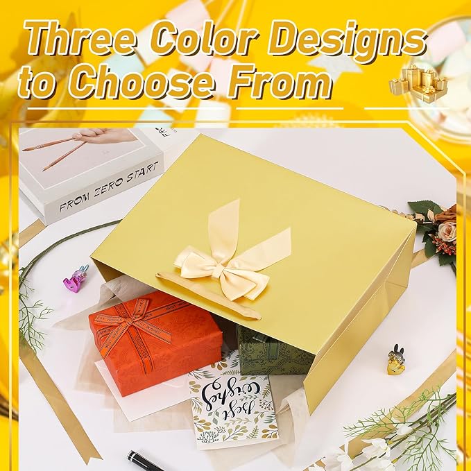 Bloomwords 13" Gold Gift Bag Set - 2 Large Paper Bag with Bow, Greeting Card & 4 Tissues, Sturdy Handles for Birthdays, Father’s Day & Special Occasions-2PCS