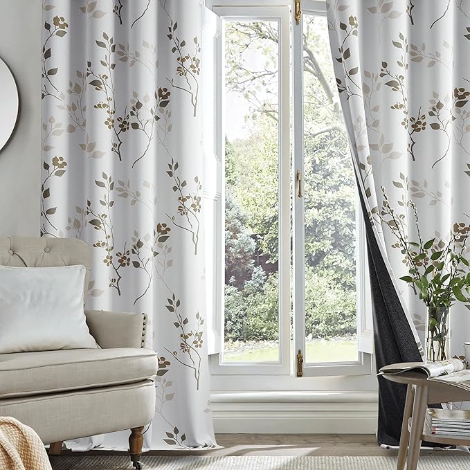 Beauoop Floral 100% Blackout Curtains 90 Inches Long 2 Panels for Bedroom Living Room Tan Brown and White Flower Patterned Room Darkening Thermal Soundproof Grommet Window Treatments Drapes, 52X90