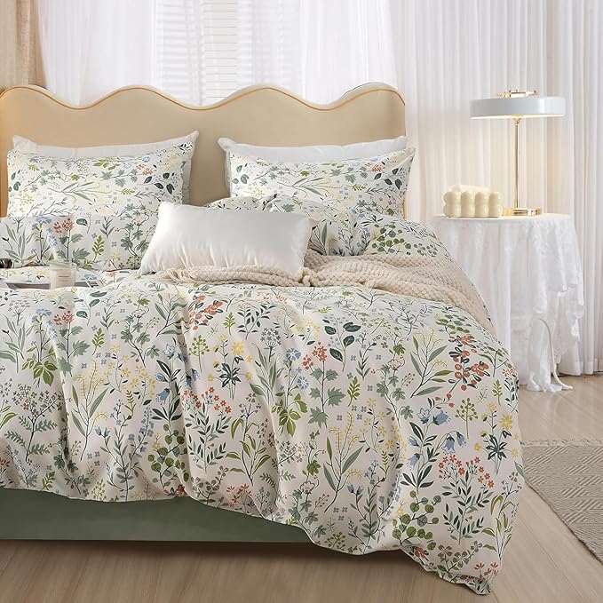 Vintage Garden Floral Comforter Set Queen Soft Fluffy Vibrant Colors Cute Floral Bedding Comforter Boho Aesthetic Queen Bed Comforter with 2 Pillowcases Cottagecore Botanical Flower Comforter Set