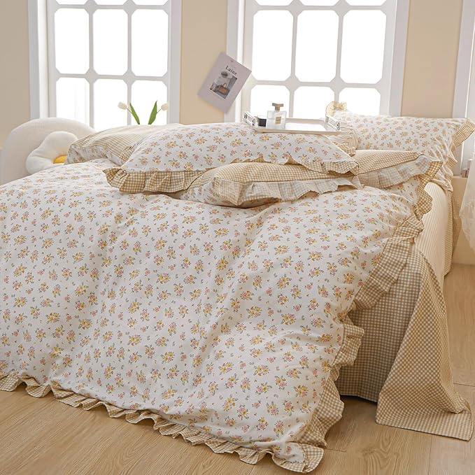VM VOUGEMARKET Twin Comforter Set with Rose Flower Pattern,1 Ruffle Comforter and 2 Pillow Shams for Girls Women,Reversible Yellow Plaid Bedding Set(3pcs,Twin XL)