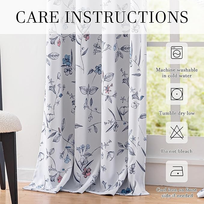 ChrisDowa 100% Blackout Floral Curtains 84 Inches Long 2 Panels for Bedroom Living Room Navy Blue Flower Patterned Room Darkening Thermal Insulated Soundproof Grommet Window Treatments Drapes,52X84
