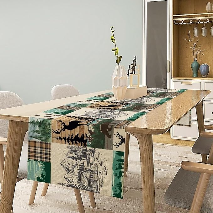 Rustic Cabin Table Runner, Farmhouse Deer Bear Retro Pine Forest Wooden Plank Wild Animal Seasonal Coffee Table Center Decor for Home Kitchen Dining Patio Holiday Party Table Decorations 13x90 inches