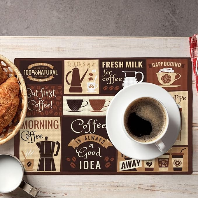 Coffee Table Placemats Set, Hot Mocha Latte Milk Typography on Scribble Backdrop, Set for Dining Table Decor 4 PCS, Cafe-2