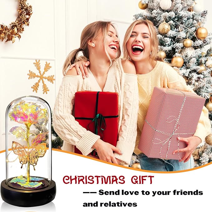 Birthday Rose Flower Gifts for Women, Mothers Day Glass Rose Gift for Mom from Daughter Son, Colorful White Rainbow Rose in Glass Dome with Music Box, Light Up Rose in Glass Dome for Her Wife Grandma