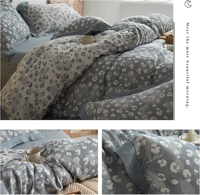Jacquard Leopard Duvet Cover King Yarn-Dyed Linen Cotton Duvet Cover Vintage Grey Leopard Print Bedding Set Floral Muslin Cotton Jacquard Comforter Cover Boho Leopard Pattern Duvet Cover for Men Women