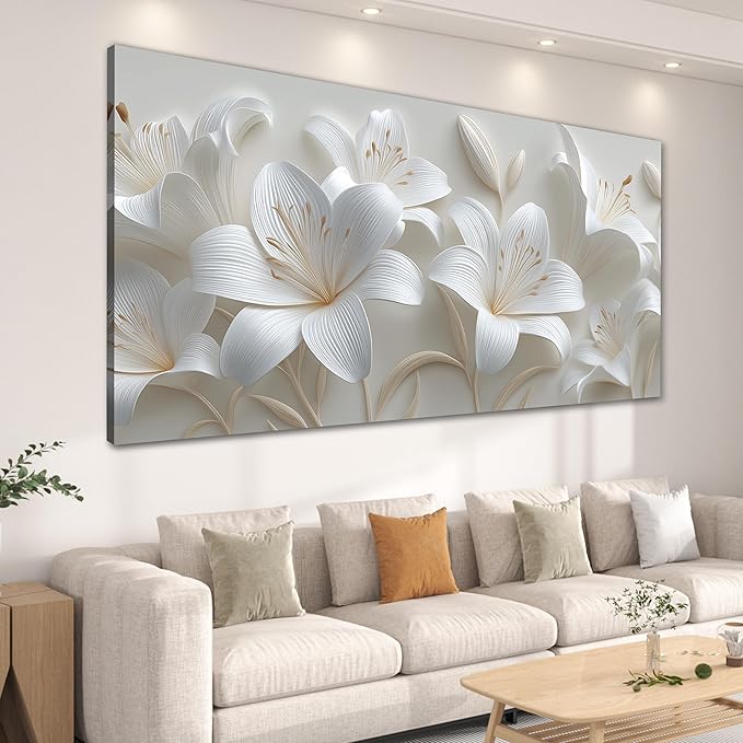 Tarfupth Large Floral Wall Art for Living Room White Flowers Artwork for Bedroom Teen Girls Room Office Kitchen Home Decor Canvas Prints 29"x58"