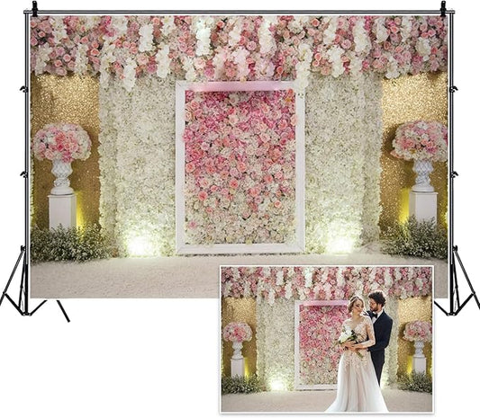 7x5ft Flower Wall Wedding Backdrop Pink White Rose Floral Romantic Princess Photography Background for Bridal Shower Birthday Newborn Spring Tea Party Outdoos Ceremony Women Girls Portrait