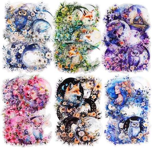 120Pcs Moon Floral PET Stickers, Scrapbook Stickers Kit for Journaling, Ephemera Packs for Junk Journals