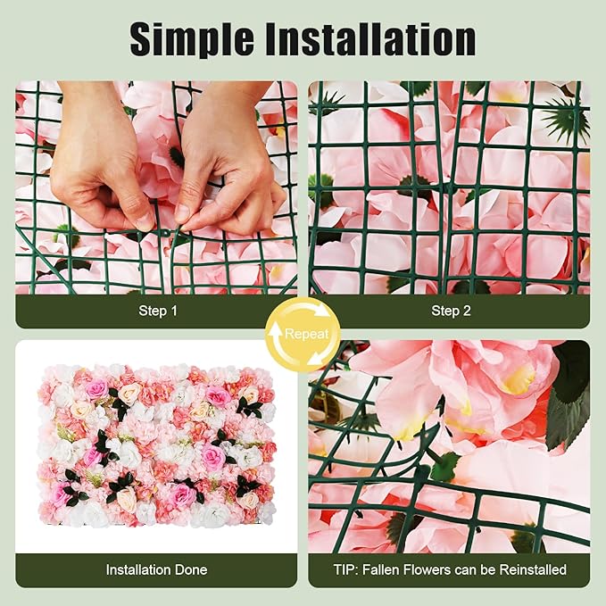 12PCS Flower Wall Panels, 3D Silk Floral Wall Backdrop, Realistic Pink Dahlias Rose Flower Backplanes, Roll Up Fake Flower Background for Valentines Wedding Party Home Decoration
