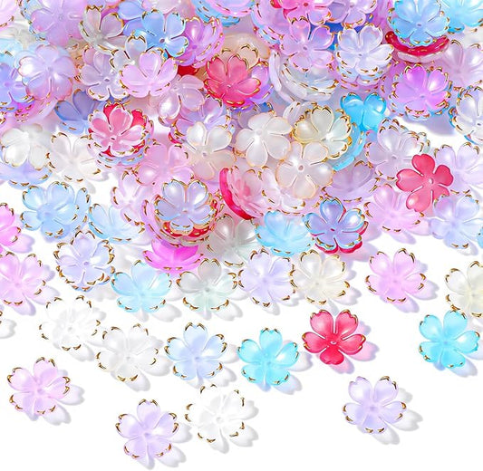 Xindojuz 100 PCS Flower Beads for Jewelry Making, Colorful Cherry Blossom Beads Gold-Plated Mini Acrylic Spacer Bead 5-Petal Floral Charms for Necklaces Bracelets Earring Keychains (Mixcolors)