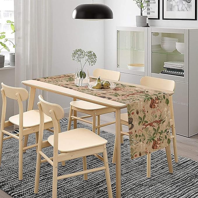 Rustic Woodland Table Runner, Retro Cabin Lodge Fairy Tale Forest Wild Animals Hare Squirrel Print Table Runner for Kitchen Dining Home Decor Wreath Party Decoration, 13x120inch