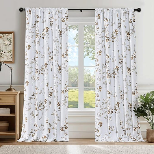 Beauoop Floral 100% Blackout Curtains 96 Inches Long 2 Panels for Bedroom Living Room Tan Brown and White Flower Patterned Room Darkening Thermal Soundproof Rod Pocket Back Tab Window Drapes, 52X96