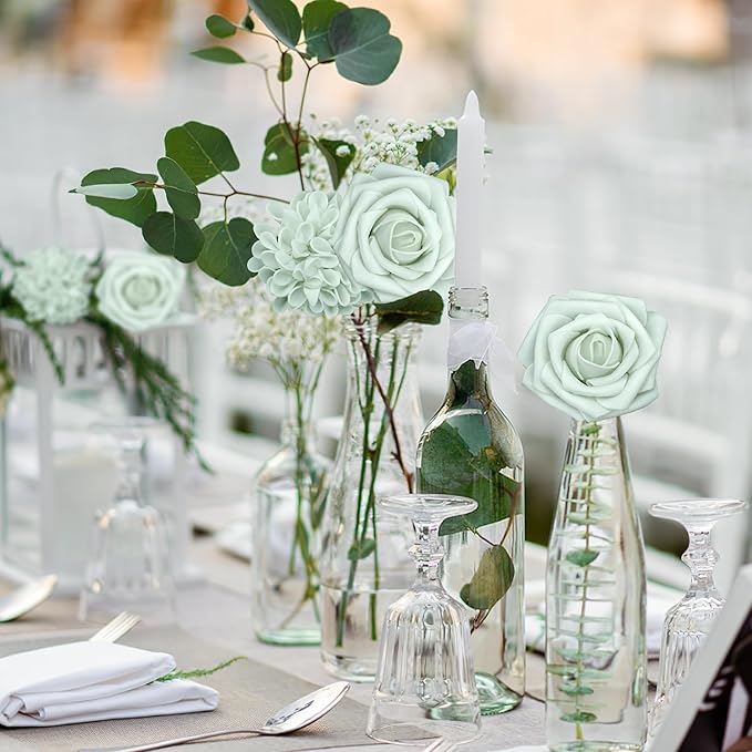 Artificial Flowers, 100pcs Artificial Rose for DIY Wedding Bouquets Centerpieces Arrangements, Light Green Rose Flowers with Stem for Bridal Shower Party Home Decorations