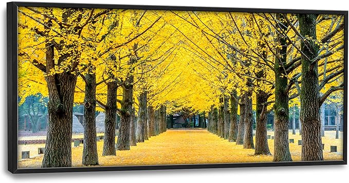 Framed Large Pictures Wall Art for Living Room, Yellow Ginkgo Trees Oversized Wall Decor Nature Scenery Landscape Canvas Painting Modern Extra Large Framed Artwork for Bedroom Office 60"x30"