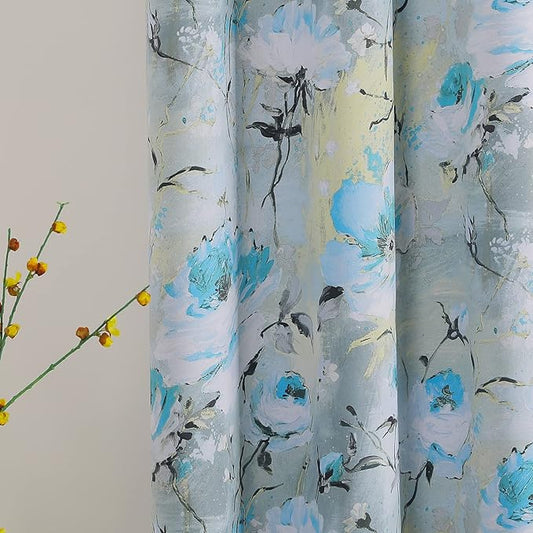 MYSKY HOME Floral Curtains 84 inches Long 2 Panels Blue Curtains for Bedroom/Living Room Thermal Insulated Flower Printed Window Drapes with Grommet, Teal and Blue