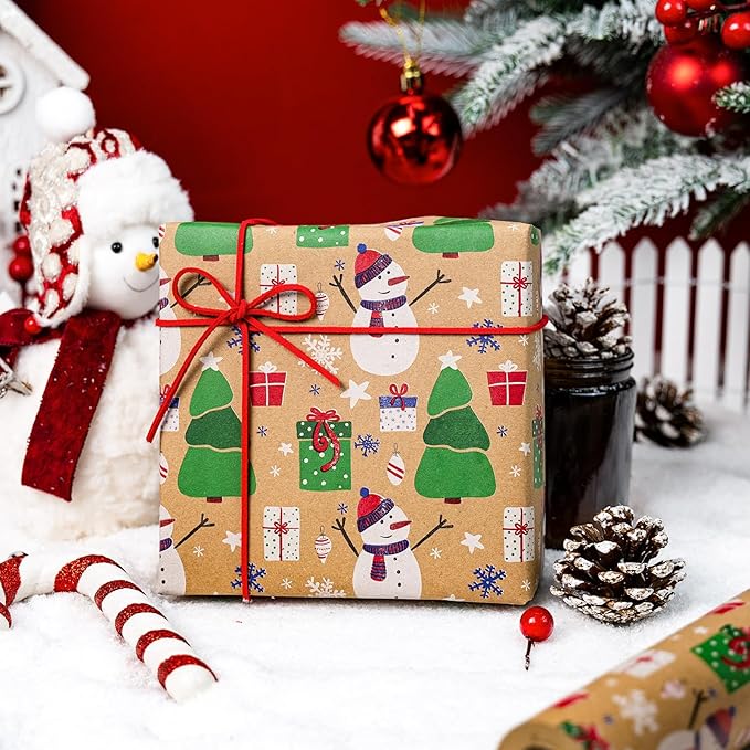 Yarcony Christmas Gift Wrapping Paper Roll, Kraft Snowman Wrapping Paper，Reversible Snowman, Candy Cane & Bow Design Winter Theme Thick Christmas Gift Wrap for Holiday Celebration (17 Inch X 33 Feet)