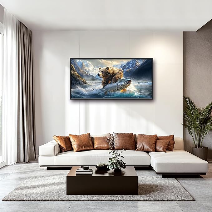 Bear Fish Large Decor Framed Wall Art Mountain Pictures for Living Room, Oversized Canvas Print Painting Modern Extra Large Framed Artwork for Bedroom Office Home Decor 60"x30"