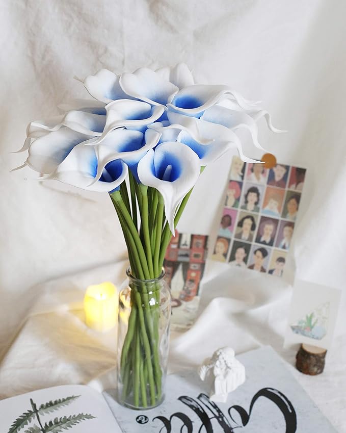 DuHouse 20Pcs Artificial Calla Lily Flower Real Touch Latex Flowers for DIY Wedding Bouquet Party Home Decor (Blue White)
