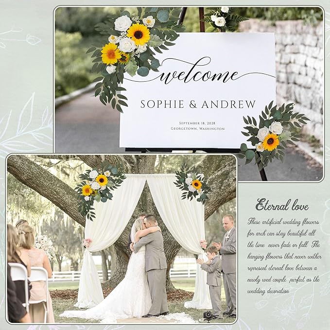 Faux Flower Swag Set of 2, Sunflower Artificial Flowers Swags for Wedding Arch, Wedding Welcome Signs, Welcome Reception Ceremony Signs Decorations