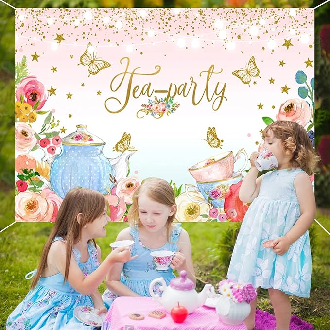 Pink Floral Tea Party Backdrop Glitter Gold Dots Butterfly Lets Partea Photography Background for Women Birthday Bridal Baby Shower Decorations Girls Wonderland Party Banner Photo Booth Supplies 8x6ft