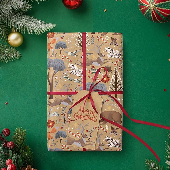 WRAPAHOLIC Kraft Christmas Wrapping Paper - Mini Roll - 17 Inch x 33 Feet - Christmas Animal Wrapping Paper and Tree Elements for Holiday, Party Celebration