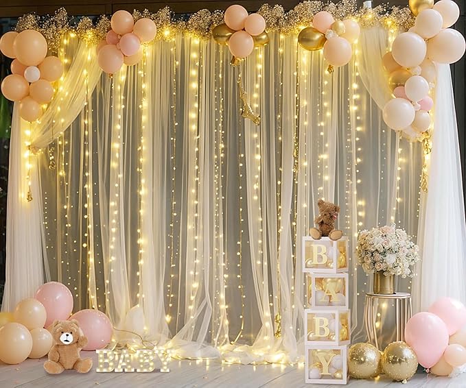 Champagne Tulle Photo Backdrop Curtain with Lights String for Parties Wedding Bridal Shower Sheer Champagne Curtain Backdrop for Birthday Baby Shower Photo Booth Photography 10ft x 8ft