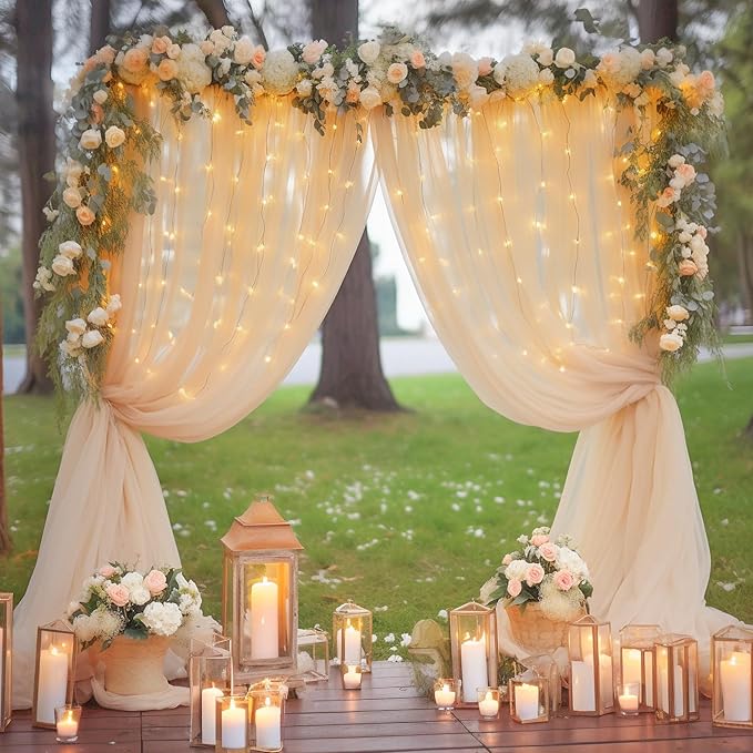 10x8ft Champagne Tulle Backdrop Curtain with Lights String for Parites, Sheer Backdrop Curtains for Wedding Baby Shower Birthday Party Photo Shoot Decorations
