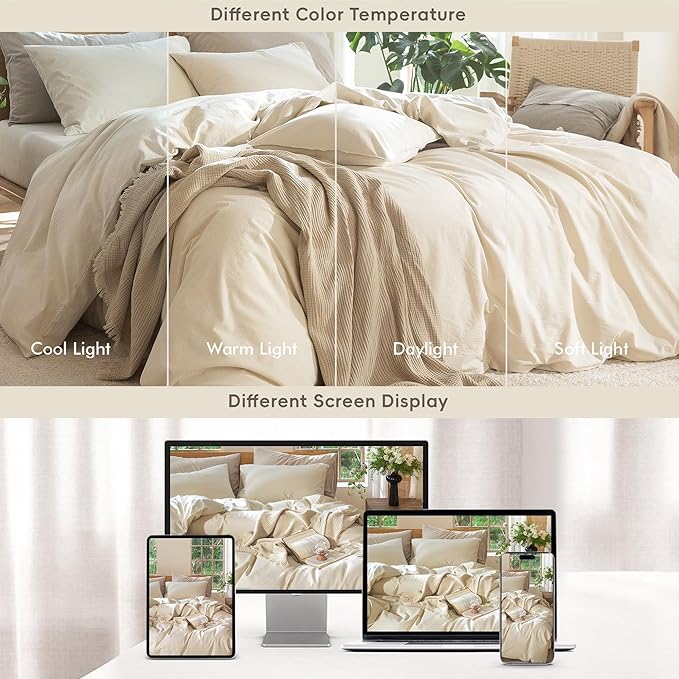 MooMee Bedding Duvet Cover Set 100% Washed Cotton Linen Like Textured Breathable Durable Soft Comfy (Heathered Almond Milk Grey, Super King Plus 120"x120")