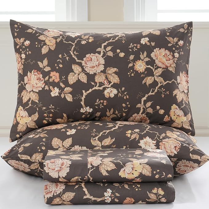 Zusbest Dark Brown Floral Bed Sheets Set - California King Percale Cotton Shabby Rustic Peony Flower Print Bed Sheets - Soft Breathable Mocha Classic Vintage Bedding 4 Pcs Deep Pockets Flower Sheets