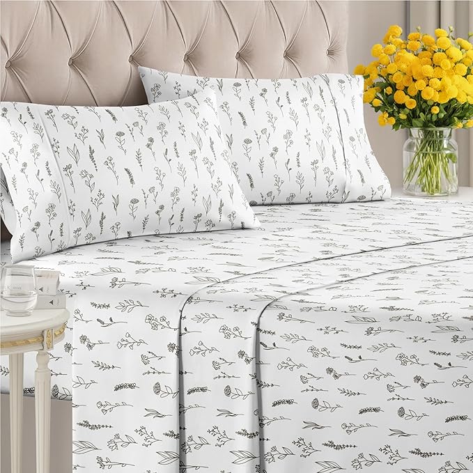 Floral Sheets - Black & White Floral Bed Sheet Set - 1 Flat, 1 Fitted & 2 Pillowcases w/ Deep Pockets - Wrinkle & Fade Free - Boho Botanical Bedding - Ultra-Soft, Breathable & Cooling - King Size Set