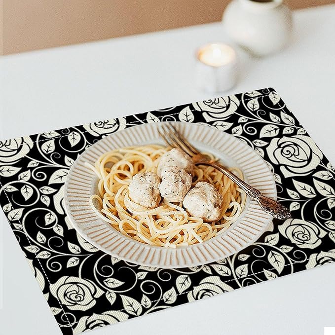 Retro Flowers Placemats Set of 8, 17x12 Inch Modern Aesthetic Black White Florals Leaves Art Print Table Mats for Home Party Kitchen Dining Decor