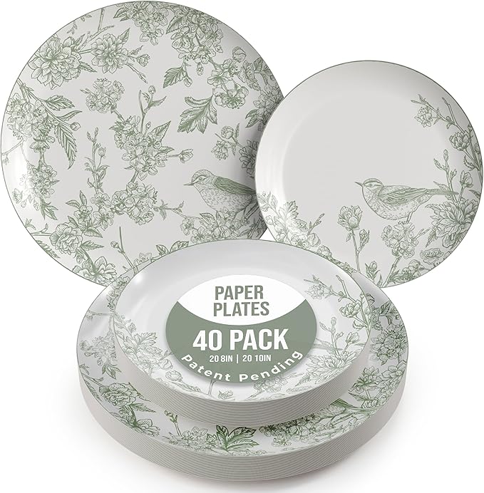 Trendables Floral Paper Plates 8.5 Inch & 10.5 Inch 40 Pcs Dinner Plate Set Fancy Disposable Plates for Party for 20 Guests 20 X 8 & 20 X 10 Large & Small Paper Plate Set for Parties Yaffa