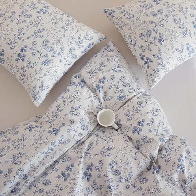 EAVD Chic Fresh Blue Floral Duvet Cover Twin White Soft 100% Cotton Garden Aesthetic Floral Bedding Set with 2 Pillowcases Cottagecore Botanical Duvet Cover with Zipper Closure