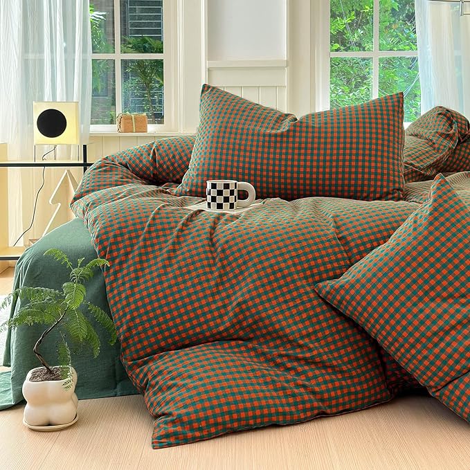 LifeTB Twin XL Comforter Set Orange Green Gingham Comforter with 2 Pillowcases Modern Style Grid Plaid Comforter Set Fluffy Soft Lightweight Gingham Bedding Set Fluffy Checkered Comforter Twin XL