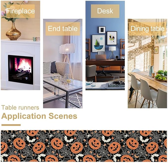 Bat Table Runner,Halloween Pumpkin Spider Web Table Runner for Home Kitchen Table Dining Garden Farmhouse Wedding Party Decor 13x60 Inch