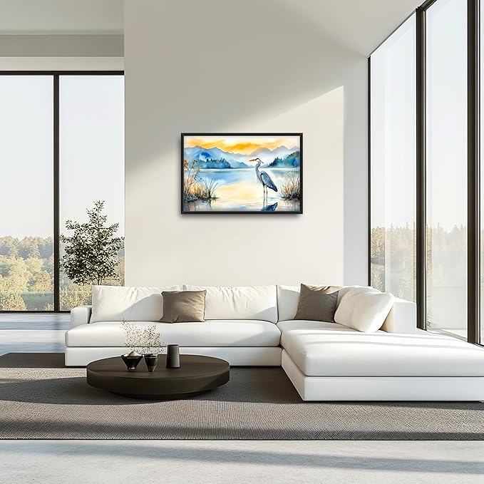 Heron Bird Large Decor Wall Art Mountain Landscape Framed Pictures for Living Room, Oversized Canvas Print Painting Modern Extra Large Framed Artwork for Bedroom Office Home Decor 36"x24"